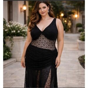 NWT AFRM Lace Maxi Dress Women 3X Black Sheer Mesh Ruched V-Neck Noir